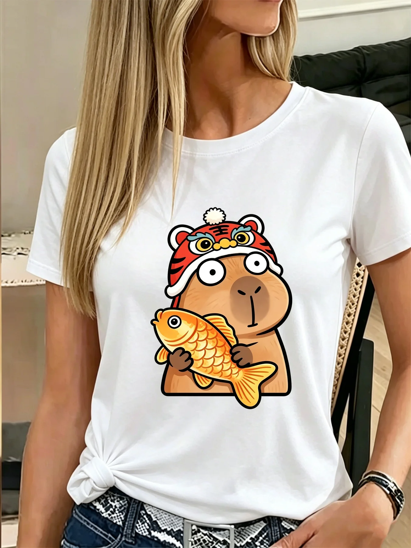 Cute Capybara With Tiger Hat Holding Golden Fish Kawaii Art Print Graphic Ladies T Shirt Short Sleeve Crew Neck Casual Tee Tops