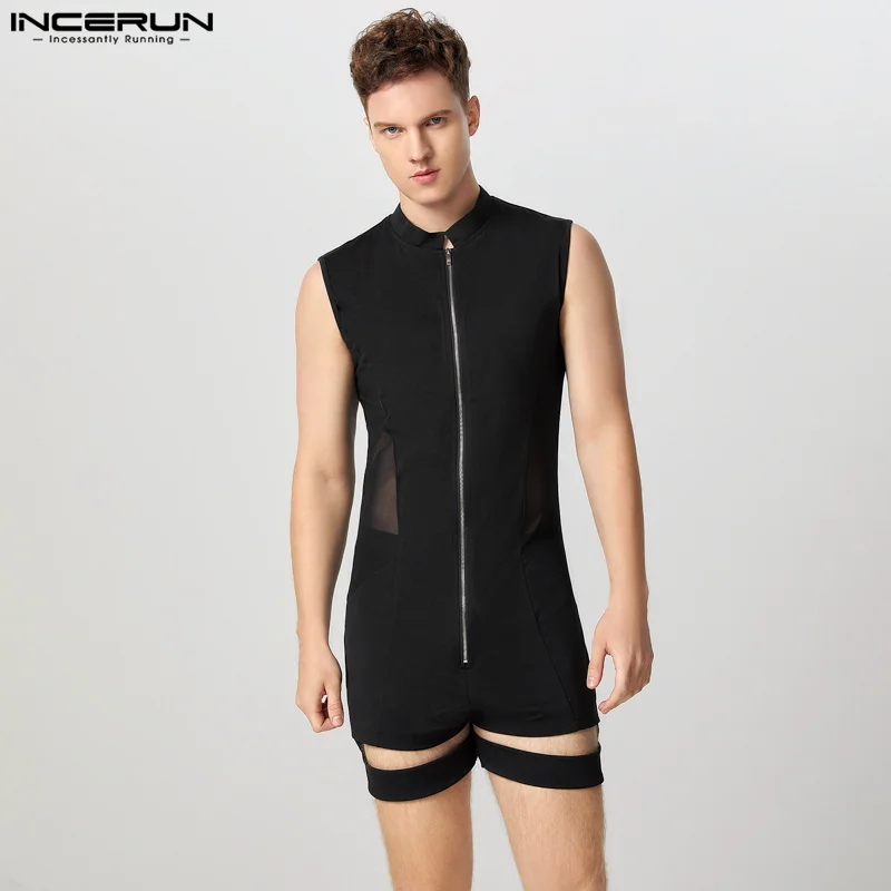 INCERUN 2024 สไตล์อเมริกันJumpsuitผู้ชายเซ็กซี่ซิปออกแบบBodysuitsบางดูผ่านแขนกุดHomewear S-5XL