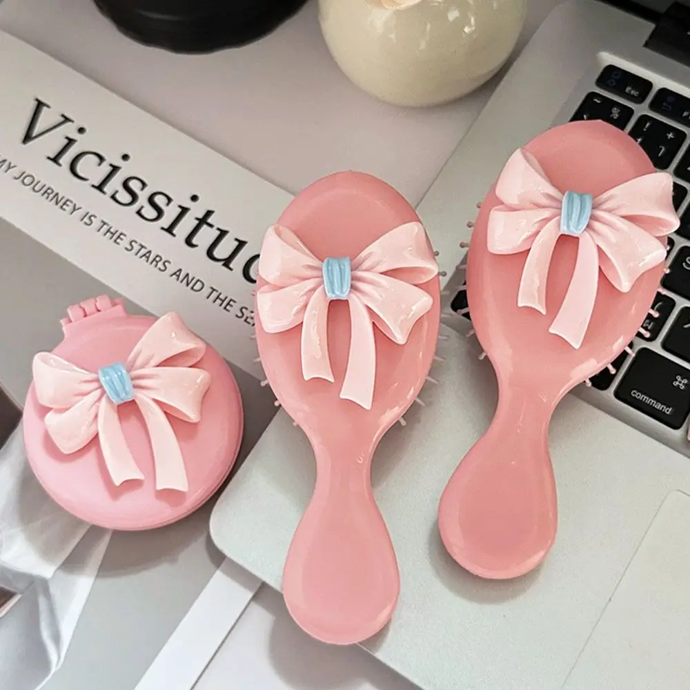 

Mini Pink Round Folding Comb with Mirror Anti Static Bow Decor Air Cushion Comb Compact Cartoon Pocket Hair Brush Girl