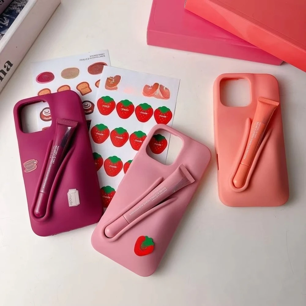 Lip Gloss Holder Portable Lipstick Silicone Case For iPhone 16 Pro Max 11 12 13 Pro Max 14 15 16 Plus Cover Funda With Lip Glaze