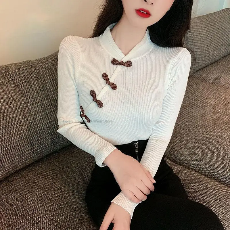 Chinese Style Improved Cheongsam stand-up Collar Button Knit women's Spring And Autumn New Slim Bottom Top Women