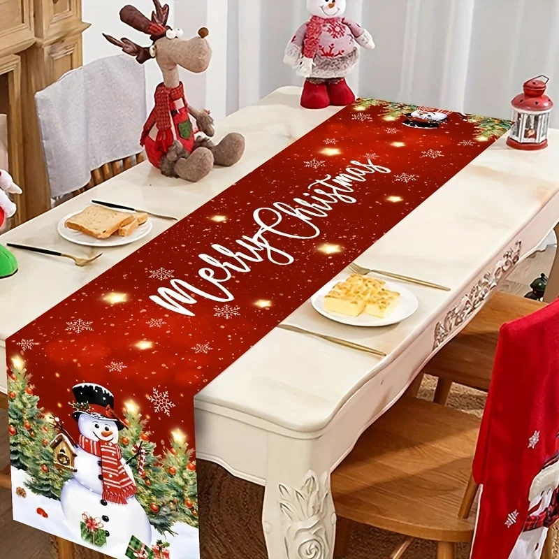 Merry Christmas Tree Snowman Linen Table Runner Dining Table Decor Reusable Winter Snowflake Table Runners Christmas Decorations