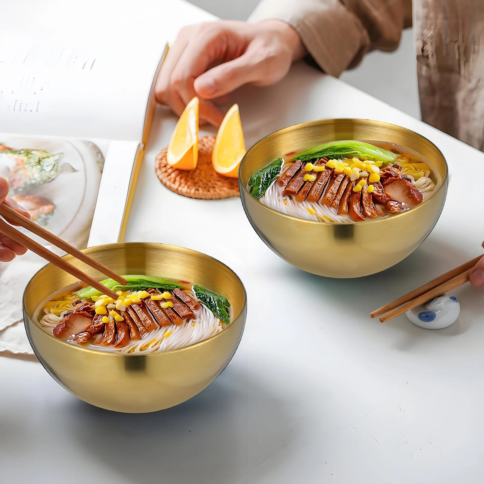 

2pcs Stainless Steel Fruit Bowl Single-Layer Food Container For Kitchen Salad Soup Noodle Rice Dessert Serving Bowl Household