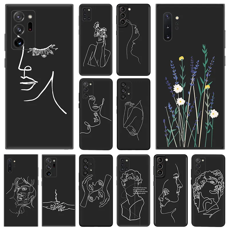 Phone Case for Samsung A35 5G A55 A02 A03 A04 A05 S8 S9 Note10 Plus 9 8 Abstracct Flower Girl Line Art Soft Black Silicone Cover