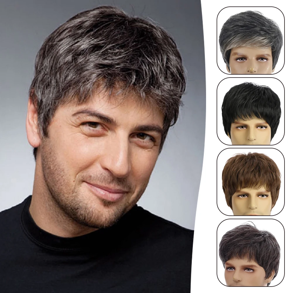 Fashion Men's Short Hair Wig Breathable Synthetic Fiber Head Covering Wig Adjustables Size For Men Proms Weddings Role Playing