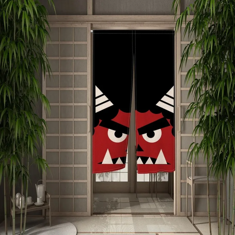 VIKAMA Japanese Noren Door Curtain Red Oni Demon Print Half Curtain Kitchen Bedroom Partition Curtain Home Decor