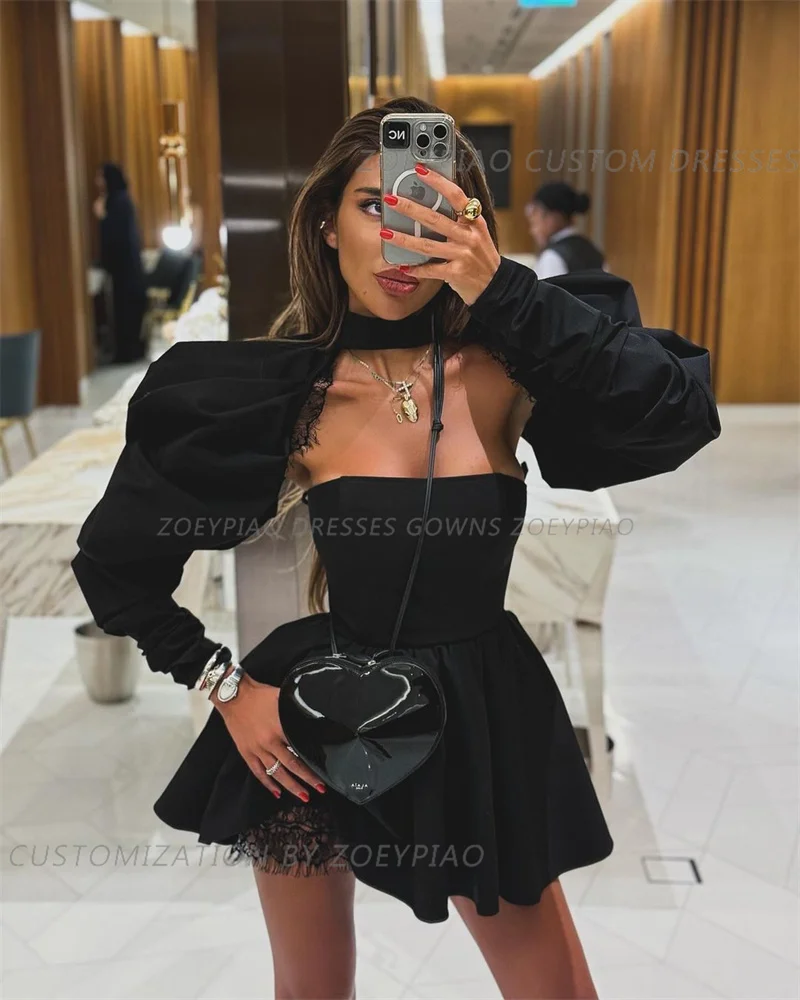 Vestido de encaje de cuello alto para mujer, traje corto de corte A, plisado, manga larga, color negro, para fiesta de boda