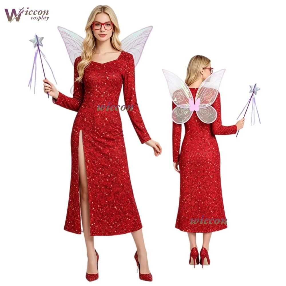 Filmfigur Feen-Gottheit Cosplay-Kostüm, rotes Glitzerkleid mit hohem Schlitz, langes Kleid, Märchen-Bösewicht, Halloween-Rollenspiel-Outfit