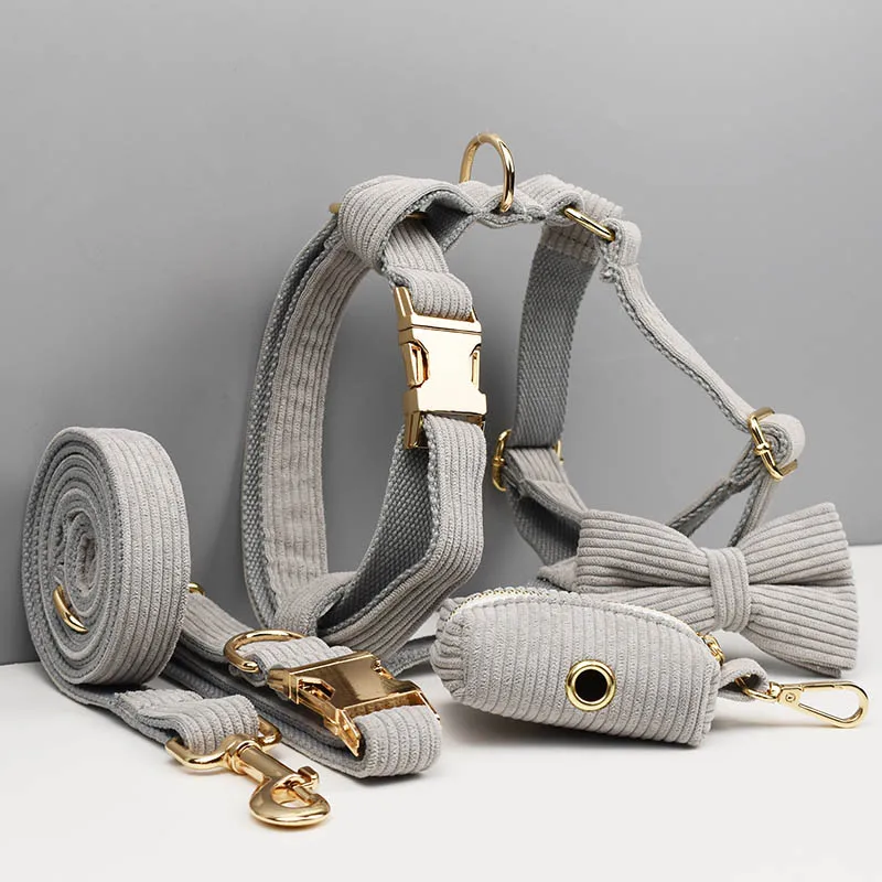 Light Grey Corduroy Dog Collar And Leash Set For Dogs Custom Engraved Nameplate Pet Supplies Dog Leash Corduroy06