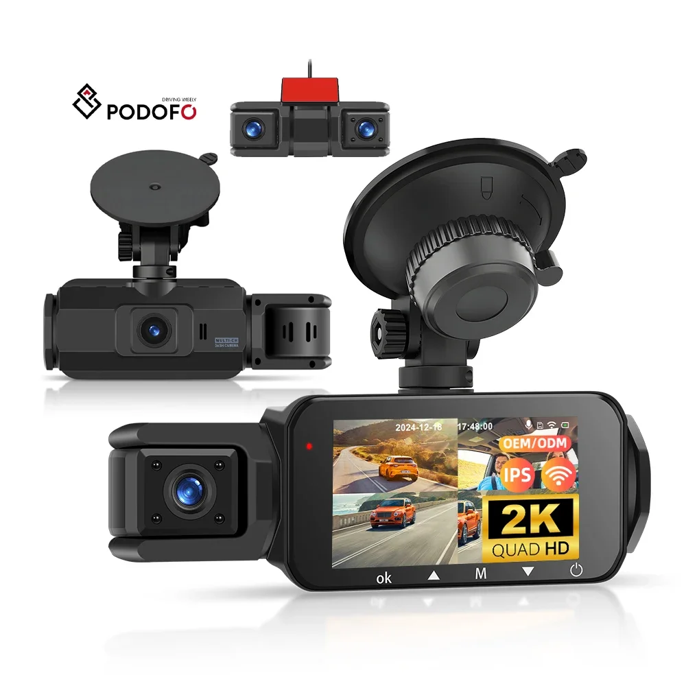 2026 New Podofo 3-inch Dash Cam 2K Car DVR Camera 4 Lens IPS Recorder G-Sensor/WiFi/Parking Monitor /360 Protection + 4 X1080P C