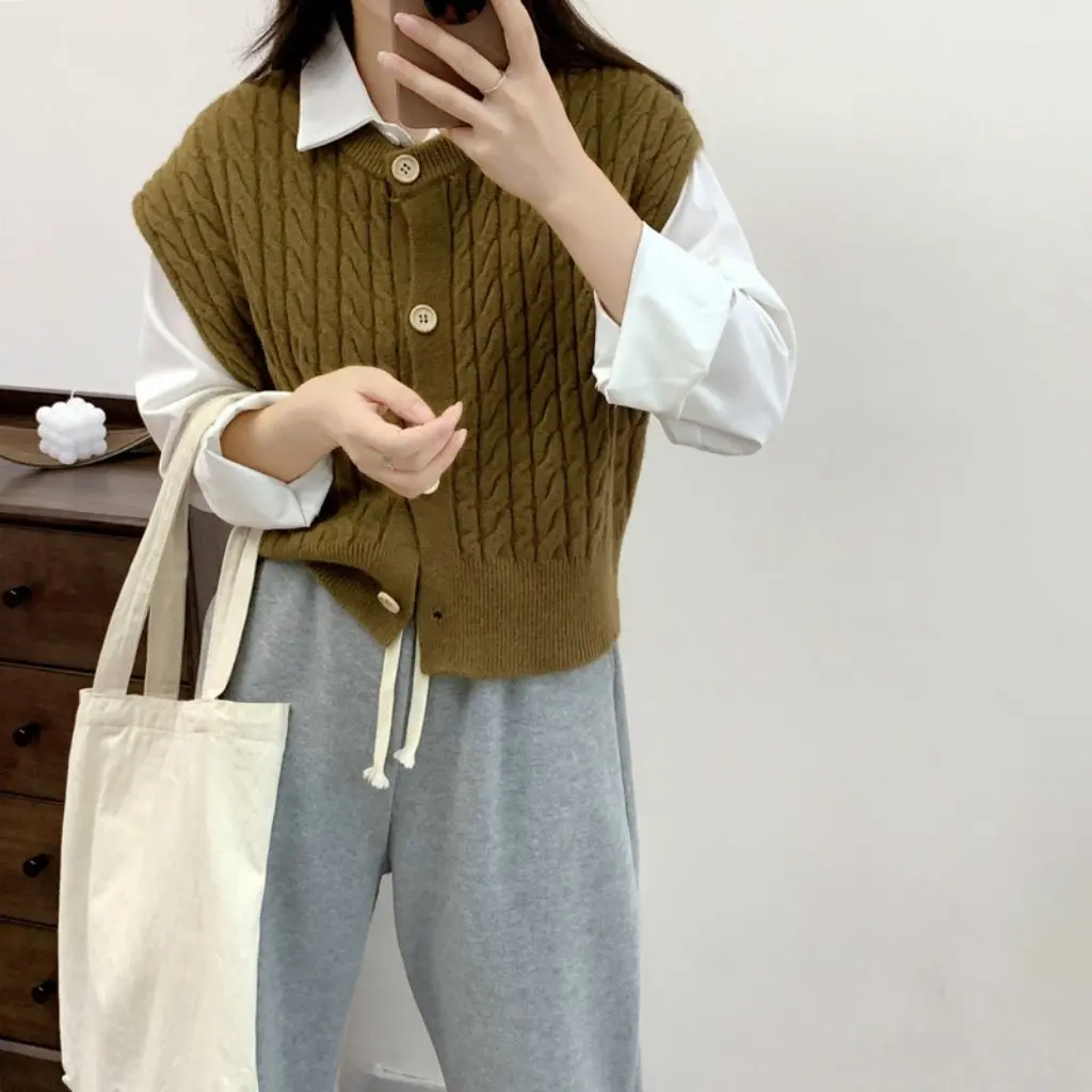 

Korean Style Retro Twist Knitted Cardigan Vest Sleeveless Waistcoat Top for Women Autumn Winter Layered Fashion Sweater Vest