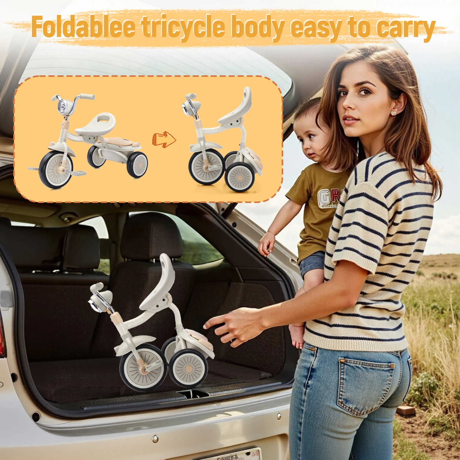 دراجة ثلاثية العجلات للأطفال، دراجة ثلاثية العجلات قابلة للطي مع دواسات، عجلات متينة ومقعد مريح، دراجة ثلاثية المشي الأولى للأطفال بعمر 1-4 سنوات