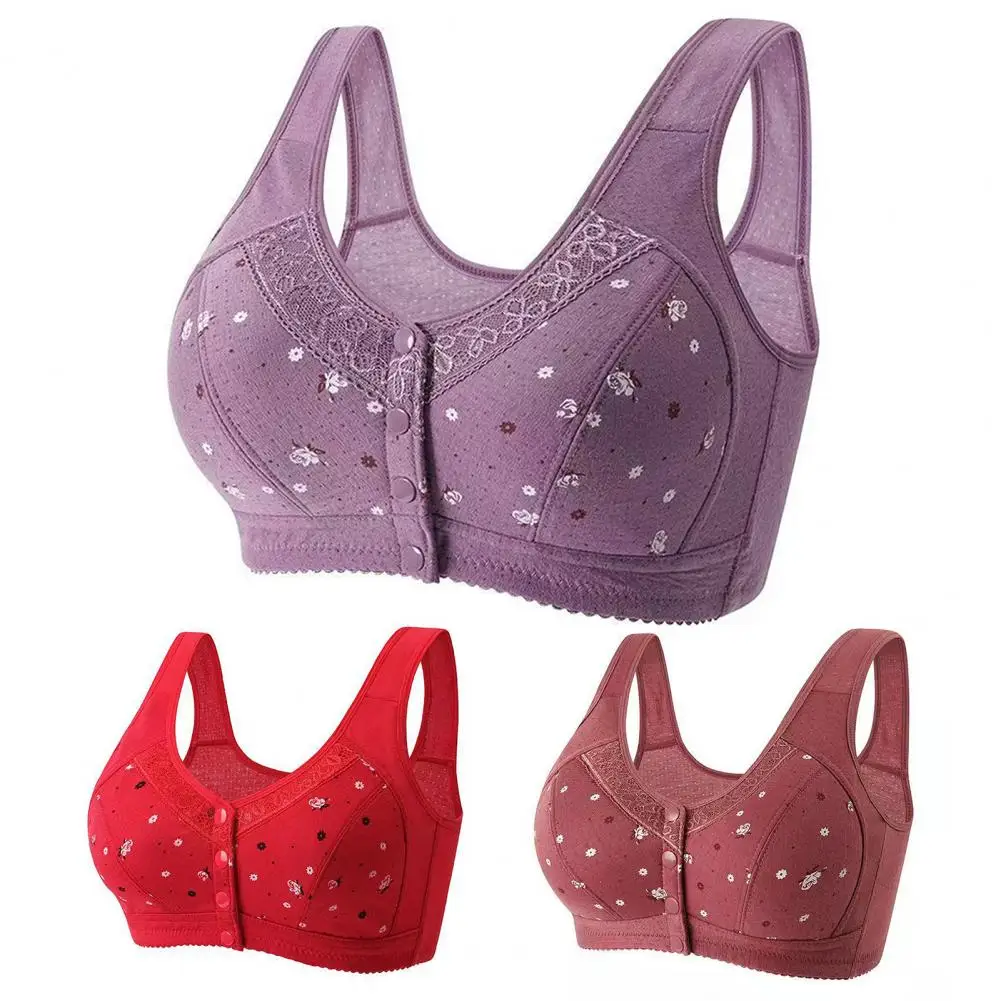 Mother Bra Single-breasted Padded Wireless Flower Print Front Button Bra Push Up Anti-snagging Lace Lady Vest-style Strap Bra