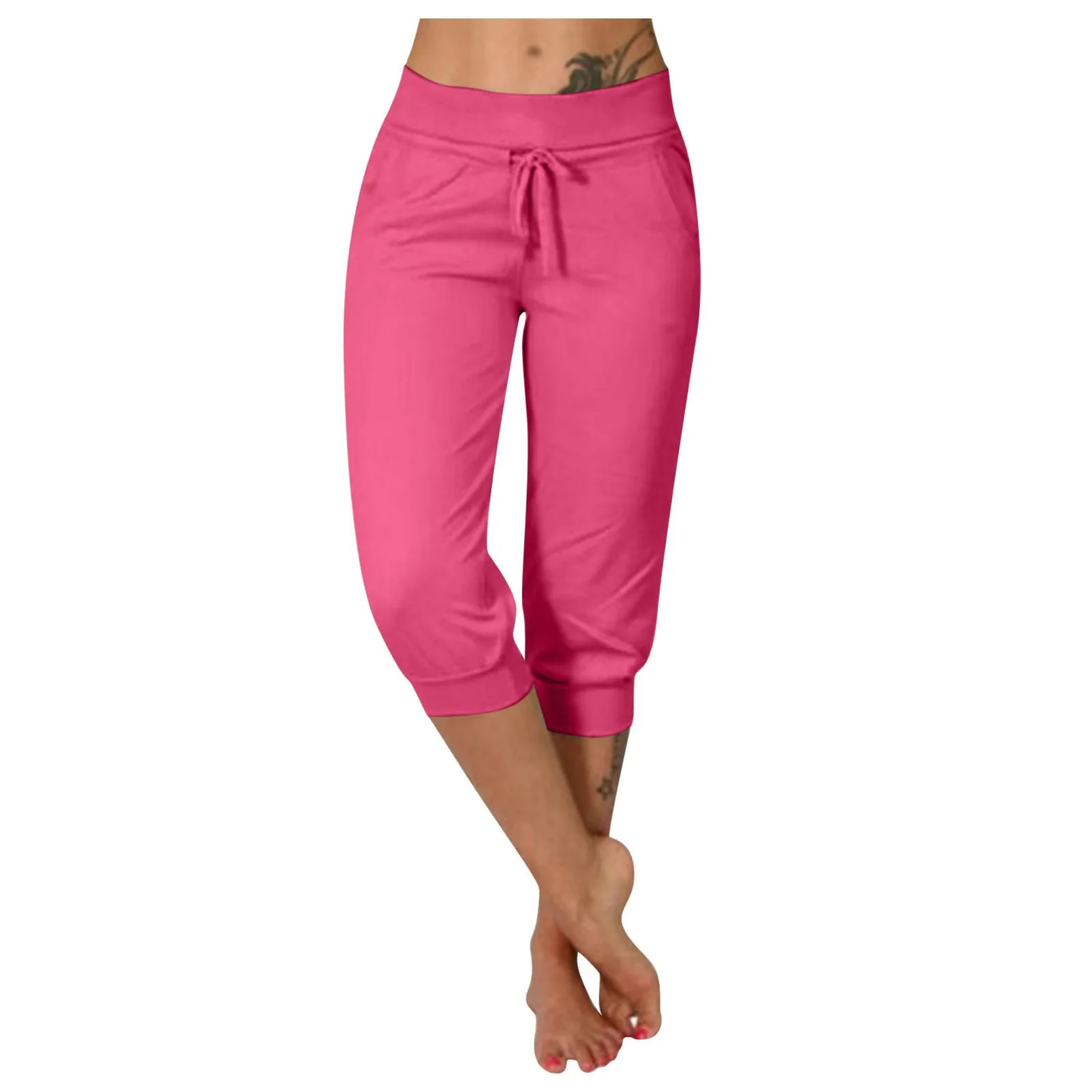 Women Casual Capris Pants Solid Color Low Rise Drawstring Pockets Sports Fitness Gym Shorts Pants