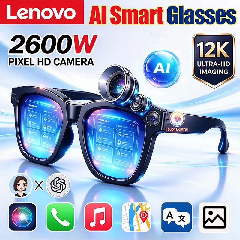 Lunettes intelligentes AI Lenovo 12KHD, caméra 2600W, enregistrement vidéo ChatGPT, traduction en temps réel, appels Bluetooth, lunettes intelligentes audio 2027