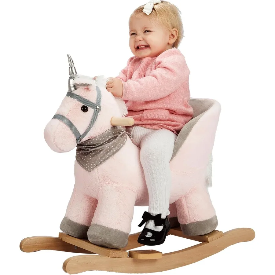 حصان هزاز يونيكورن الطفل الحيوان الروك حصان هزاز مع مقعد ركوب على الحصان أفخم حصان هزاز مع موسيقى يونيكورن خشبية Ro