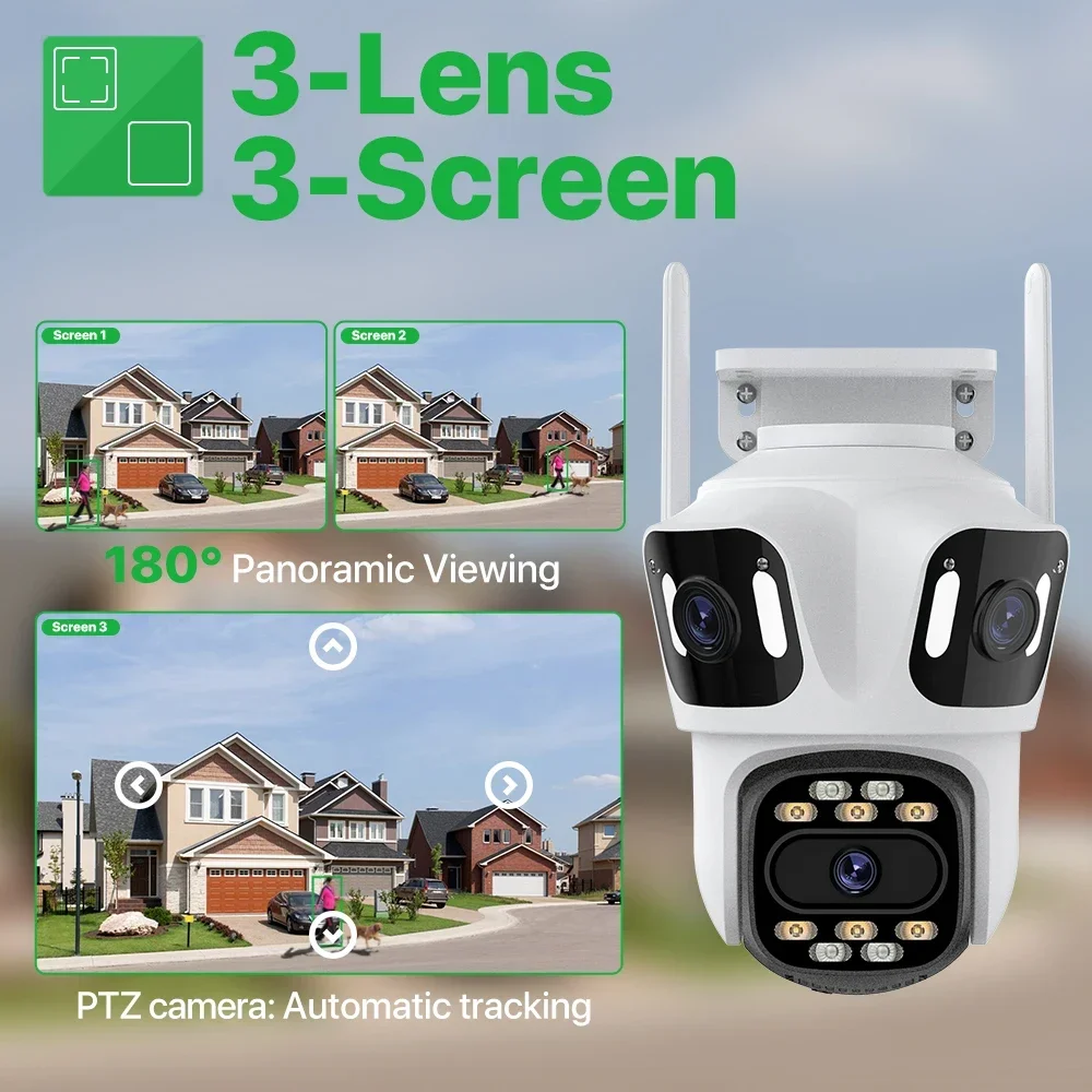 Three Lens Three Screen IP 12MP Camera WiFi External Dual Lens Auto Track Security PTZ 8MP HD Camera iCsee Video Surveillance