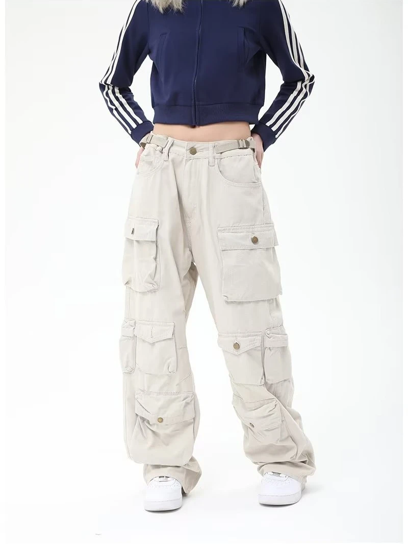 

American Vintage Cargo Pants Women Street Hip Hop Oversized Multi-Pocket Straight Leg Drag Trousers Casual Loose Fit Jeans S-3XL