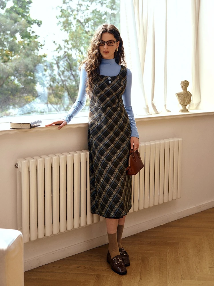 

OLrain женский комплект в клетку в стиле ретро, осень 2025, новый дизайн, темно-синий топ с высоким разрезом, платье O57QE001180