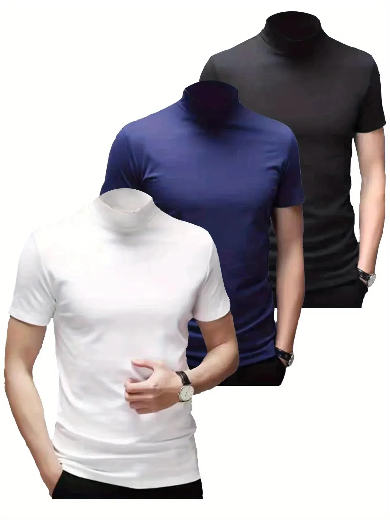 1pcs Men\'s Breathable Soft Comfy High Stretch Short Sleeve High Neck Base Layer For Spring Autumn, Men\'s Undershirts