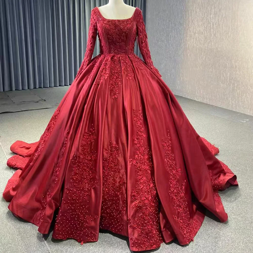 

Элегантное красное вечернее платье-бальное платье с длинными рукавами, вырезом-лодочкой, застежкой-молнией, бисерной вышивкой, с возможностью индивидуального пошива