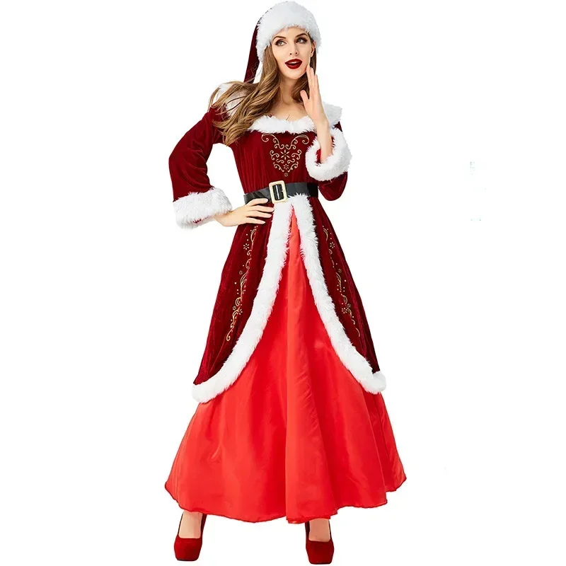 

Carnival Party Velvet With Hat Christmas Xmas Queen Cosplay Costumes Santa Claus Women Sexy Christmas Long Dress With Suit