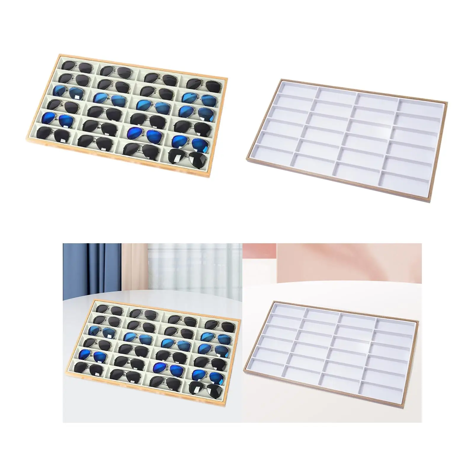 Sunglasses Organizer Tray 24 Grids Multifunction Wood Space Saving Velvet Storage Tray for Home Stores Drawer Dresser Showcase