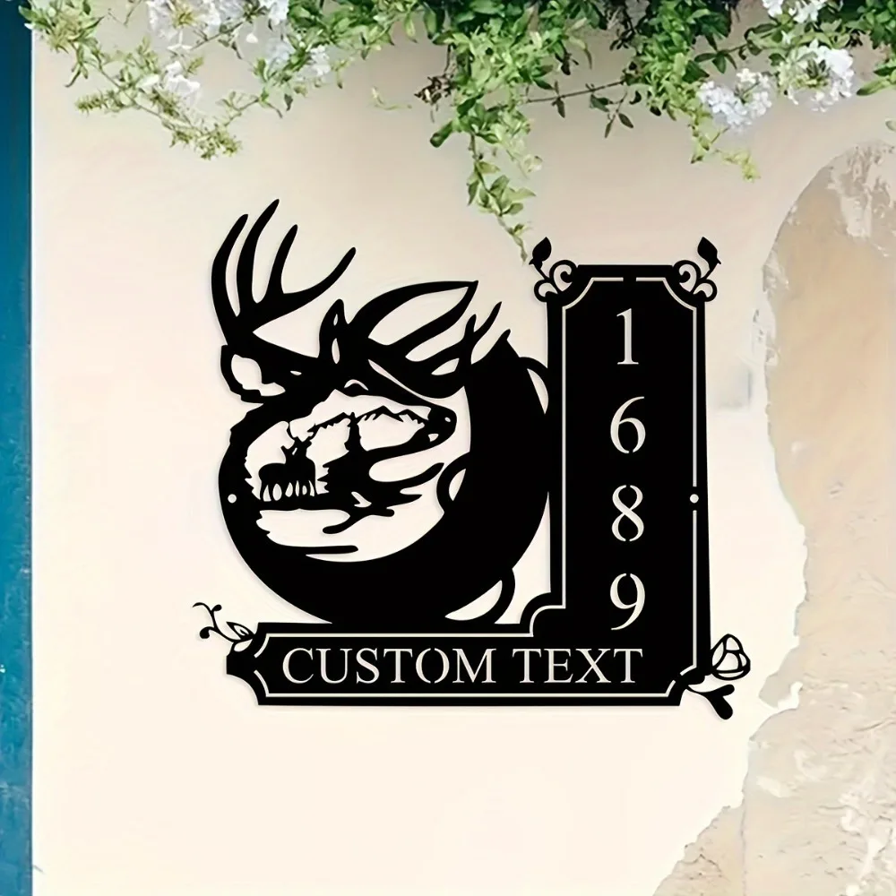 

Customizable Handmade Metal House Sign with Deer - Mountain Scene for Wall - Mounted Door ID and Name Tag No Electricity Needed