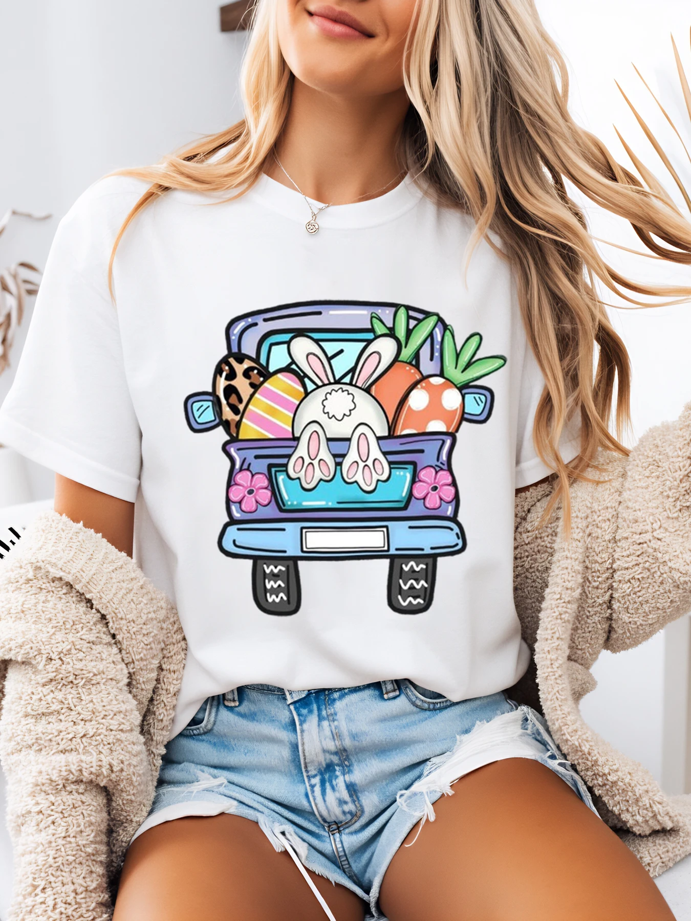 부활절 토끼 트럭 프린트 티셔츠 부활절 여성 캐주얼 의상 화이트 플러스 사이즈