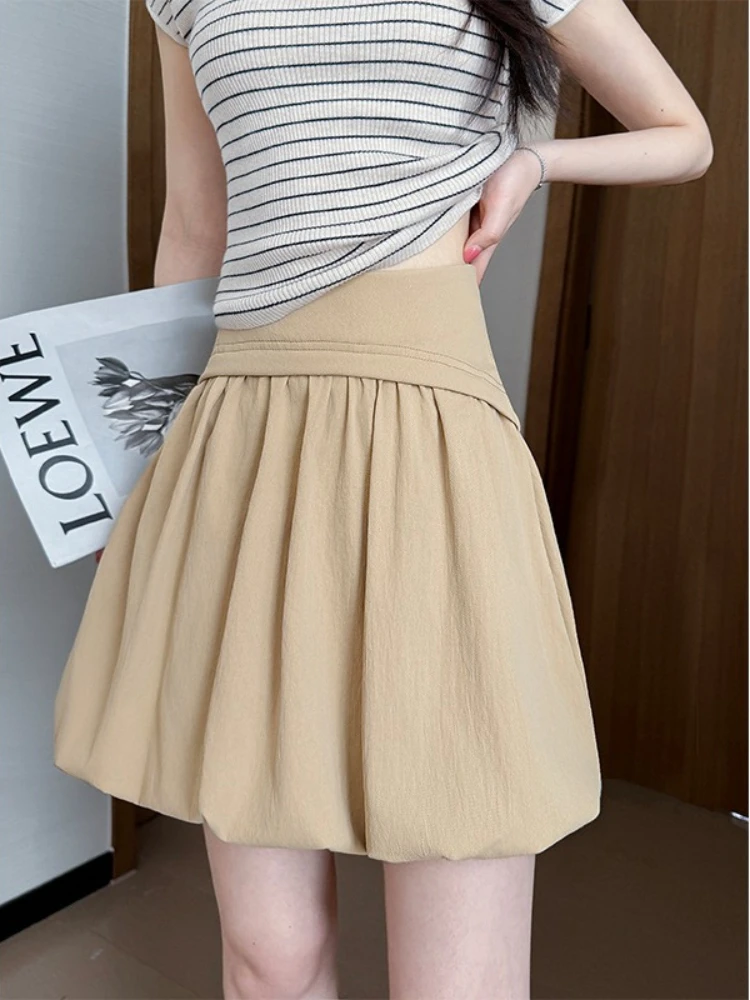 Khaki High Waist Puffy Flower Bud Skirt for Girls Summer 2026 A-Line Mini Casual Fashion Solid Color Women's Skirts