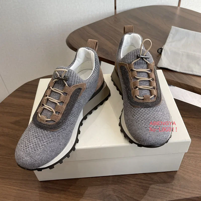 Hot Sale Knitted Flat Loafers Shoes Women Lace Up Holiday Platform Shoes Autumn Casual Comfort Vacation Walking Shoes For Woman