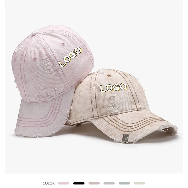 Custom Logo Distressed Baseball Cap Vintage Washed Ripped Cotton Dad Hat Frayed Brim Y2K Streetwear Sun Hat for Men Women