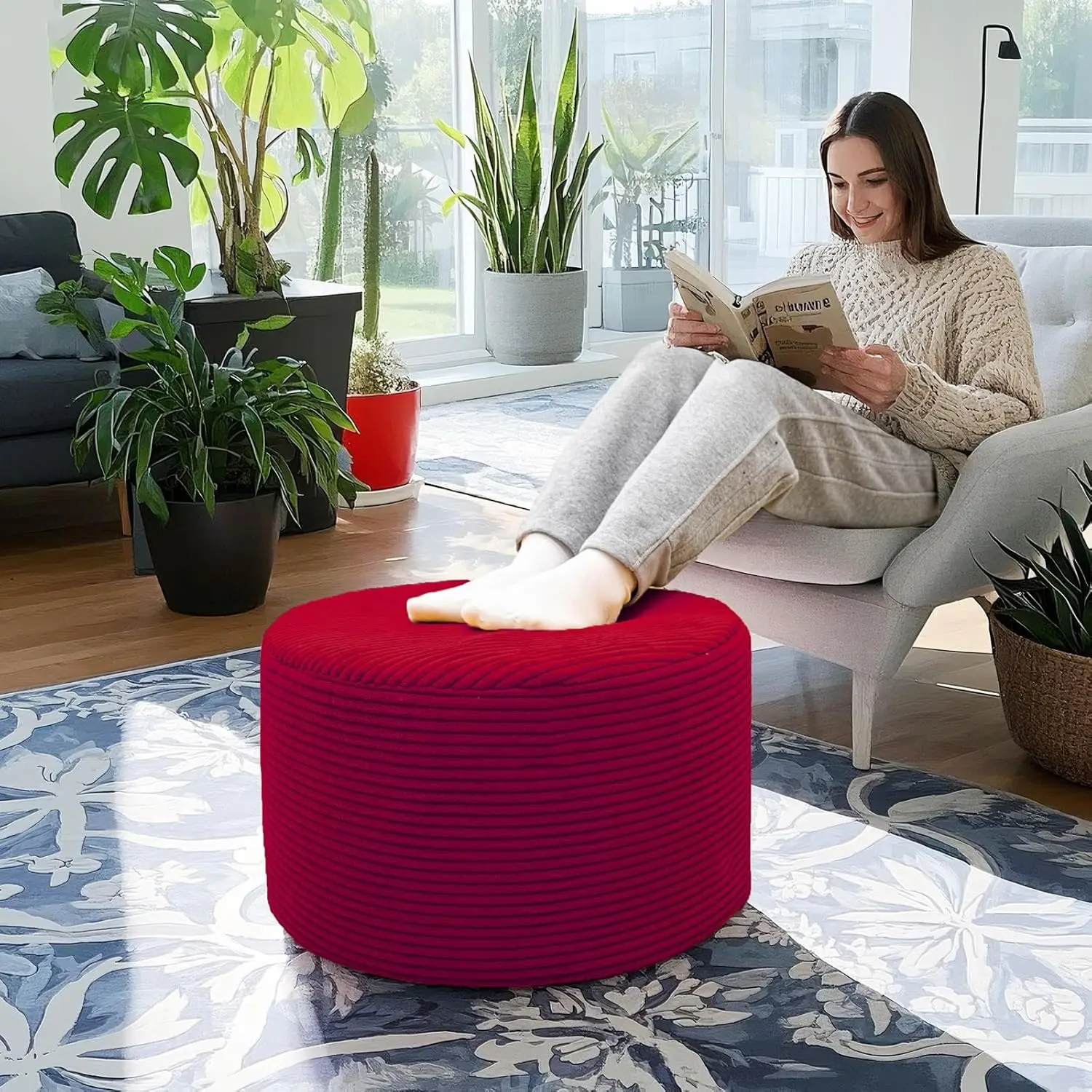 

Velvet Ottoman Foot Rest Pouf, 20x20x12 Inch Wine Red, High-Density Foam for Living Room and Bedroom Comfort