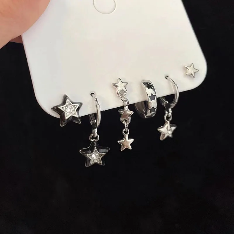 6pcs Set Earring Silver Color Star Dangle Earrings Vintage Metal Geometric Drop Earring for Women Fashion Trendy Y2K Jewelry