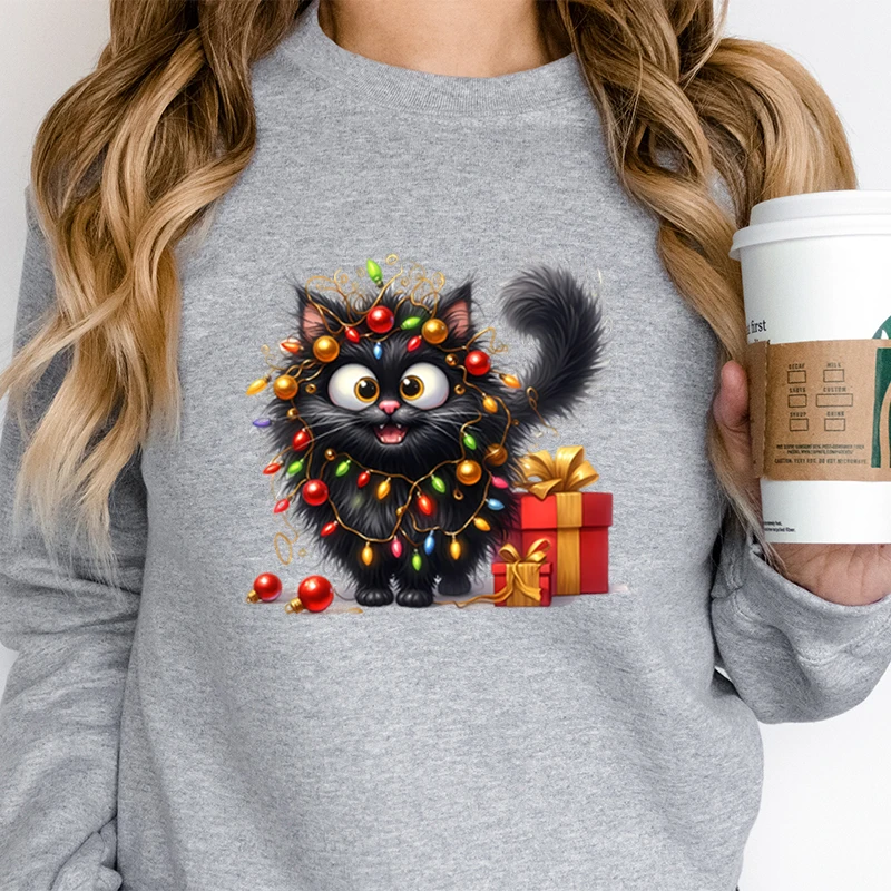 Cat Lover Gift for Christmas Women Sweatshirts Cute Fluffy Cats Lights Holiday Hoodies Cute Animal Lover Christmas Sweatshirts