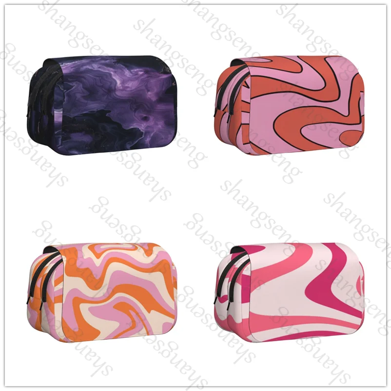 

pink Swirl pattern Double Layer Flip Pencil Bag School Supplies Children's Pencil Box Storage Cosmetic Bag Gift