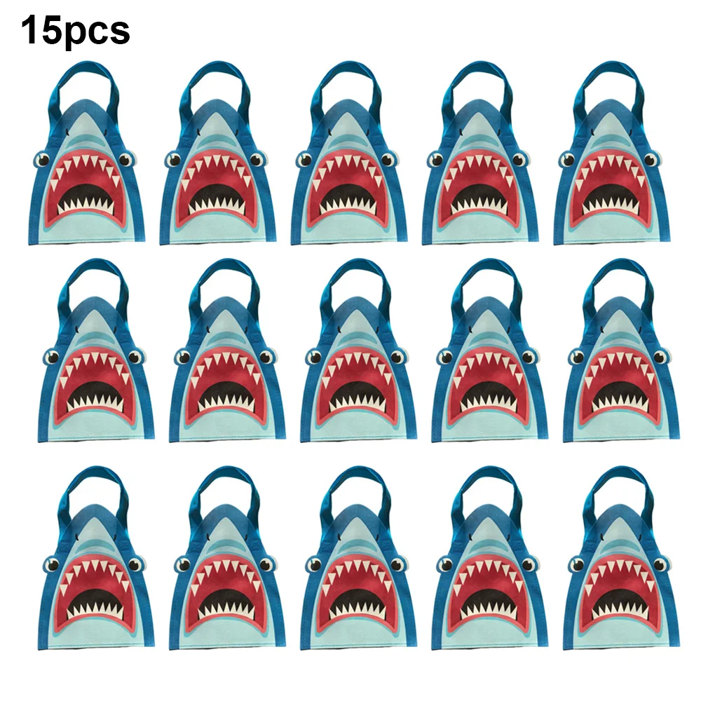 15 Pcs Shark Party Favor Bags with Handles Blue Shark Candy Goodie Gift Bags Ocean Sea Baby Shower Birthday Supplies Decoration view 2
