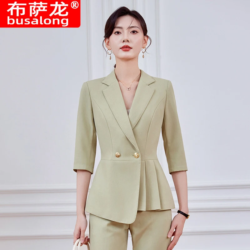 

High-end gray women's suit set, summer thin professional attire, elegant goddess style, mid-sleeve blazer, workwear