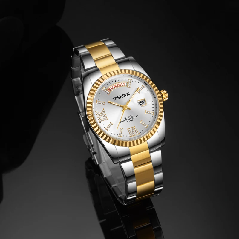 ساعة رجالي ماركة YASHIDUN باللون الذهبي مقاومة للماء كوارتز ساعة رجالية بتصميم مذكرات رومانية للرجال ساعة يد من الفولاذ المقاوم للصدأ