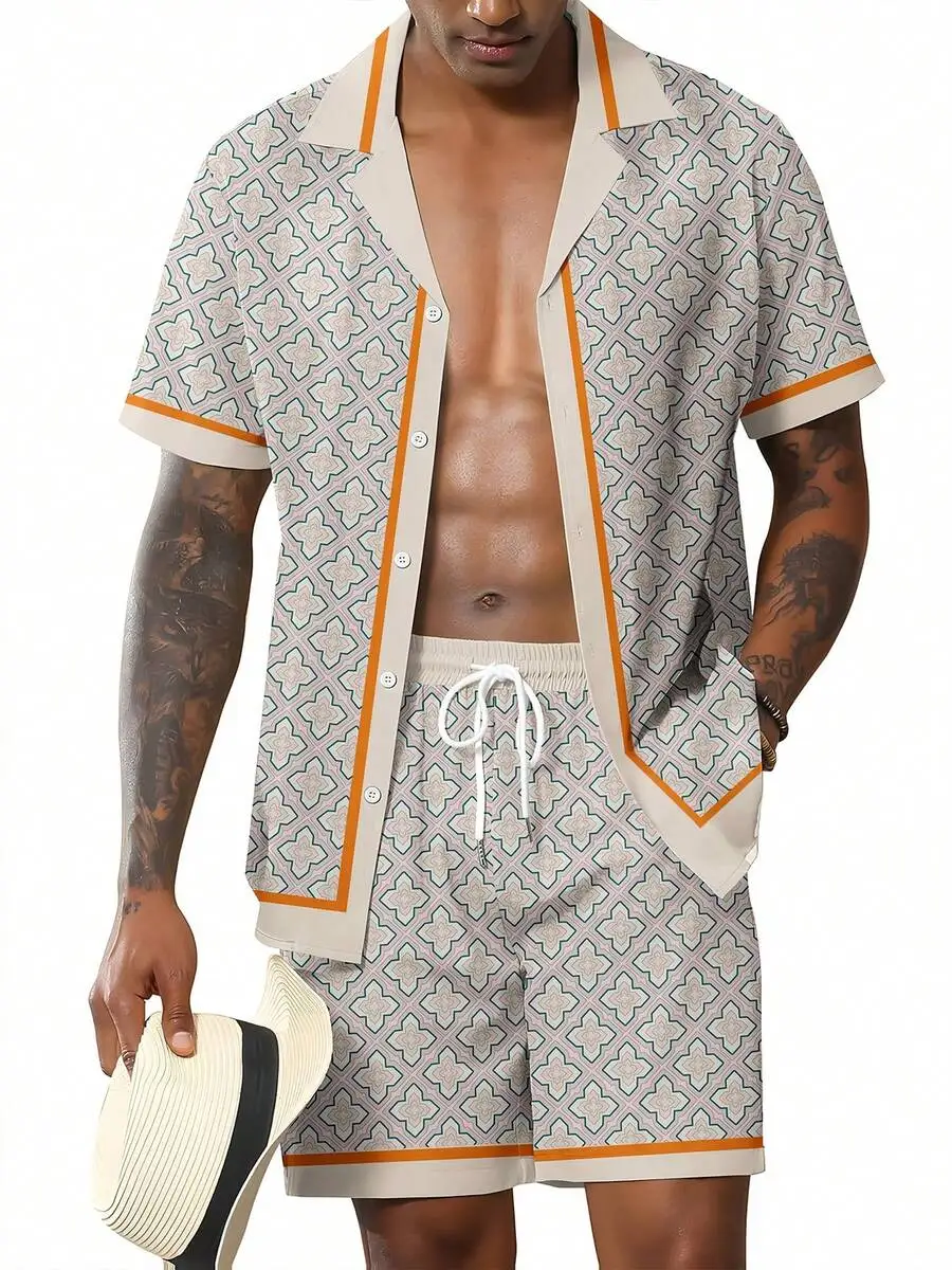 

Mens Casual Hawaiian Style Shirt And Shorts Set Geometric Pattern Loose Fit