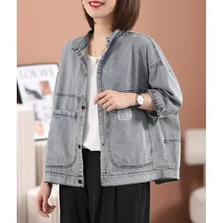 2023 Spring New Fashion Women Long Sleeve Loose Single Breasted Cotton Denim Jacket Double Pockets Vintage Short Coat P51