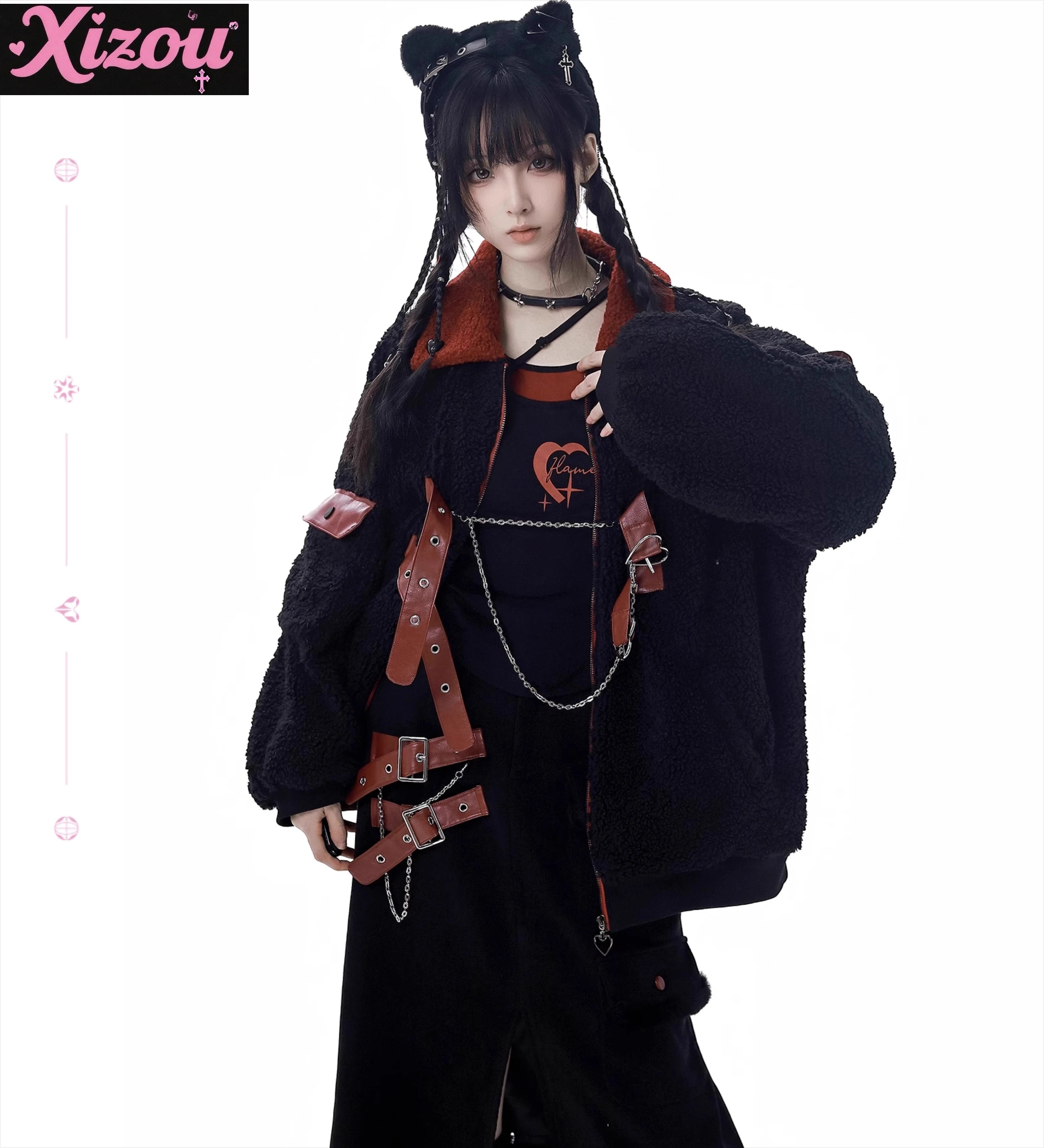 

Women Winter Streetwear Punk Rock Style Splicing Leather Buckle Chain Lapel Long Sleeve Zipper Plush Loose Casual Jackets Coats