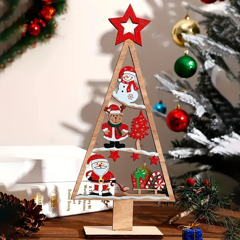 

30CM Creative Xmas Tree Shape Wooden Ornaments Merry Christmas Decor Cartoon Santa Elk Snowman Desktop Ornament New Year 2026