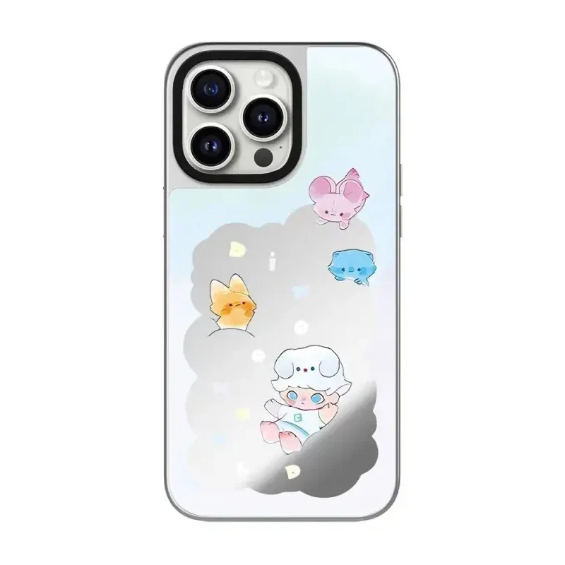 Casing pelindung ponsel iPhone 12 13 15 14 16 Pro Max, casing ponsel cermin pinggiran Perak boneka kartun magnetis, casing pelindung ponsel iPhone 16 Pro Max