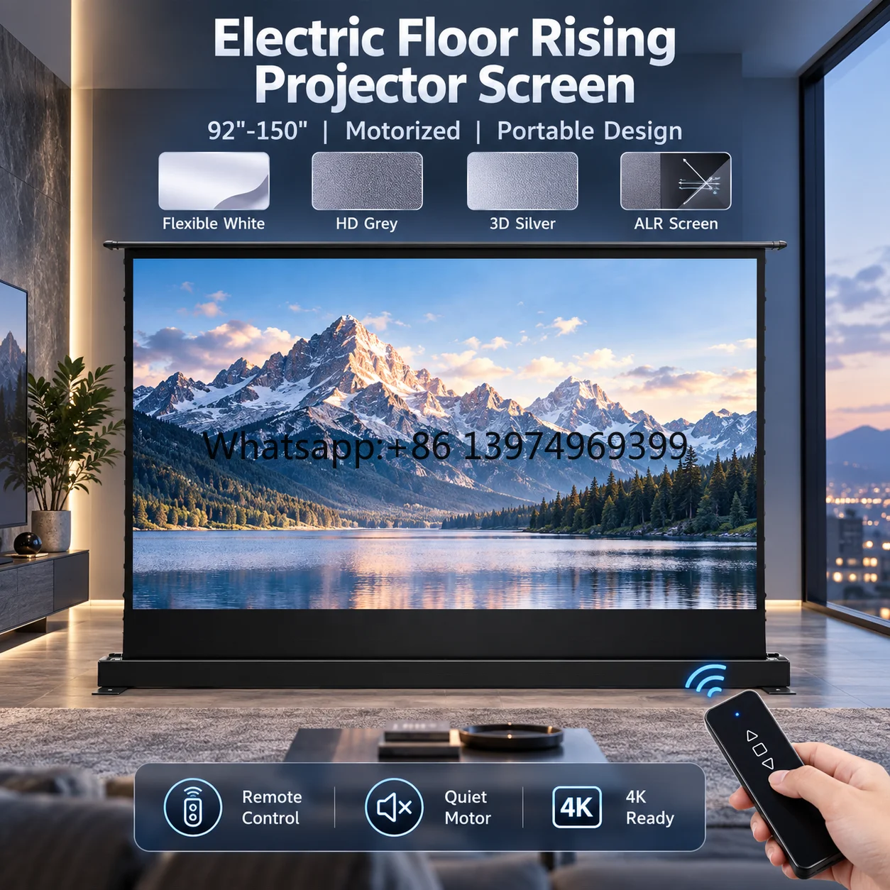 Factory Supply Electric Floor Rising Projector Screen 100 Inch Projector Screen Portable Tab Tensioned Cinema Screen Solution