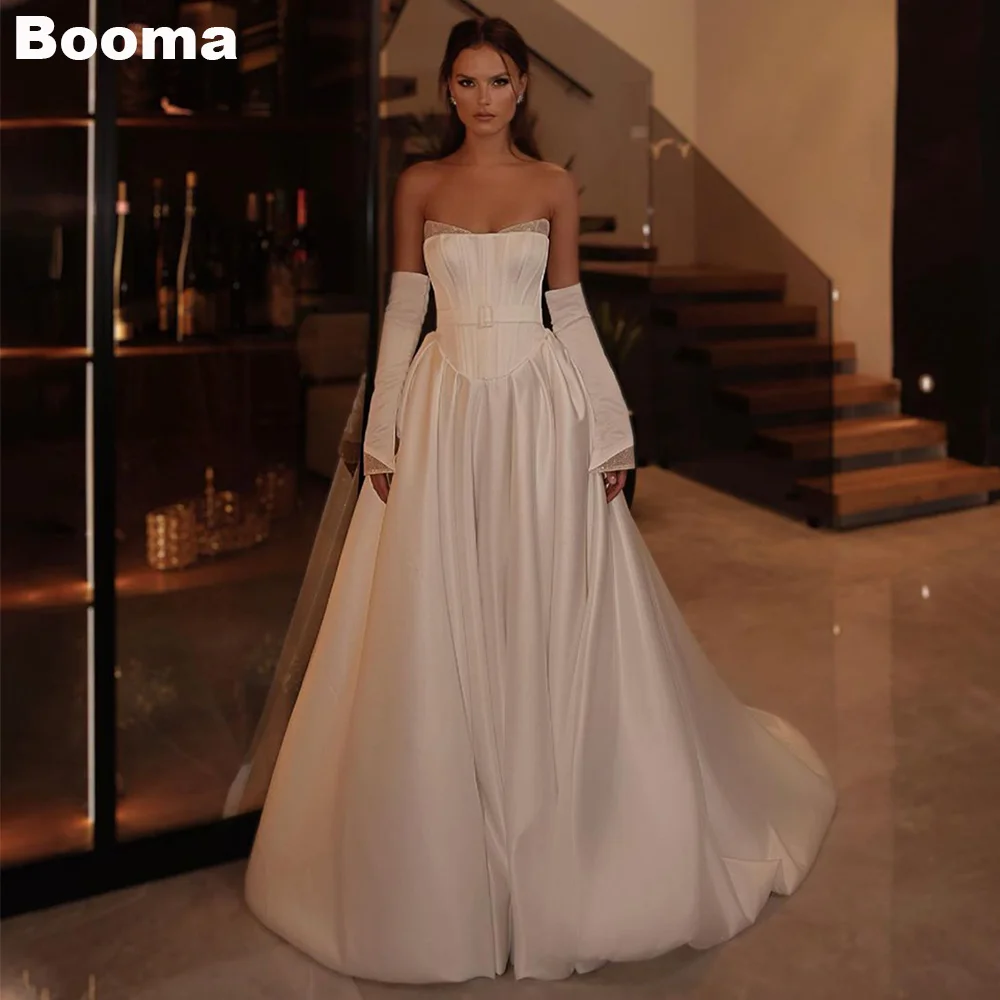 

Booma Elegant Simple Wedding Dresses Stain Sweetheart Boning Bride Gowns for Women A-Line Long Bridal Party Dress with Belt