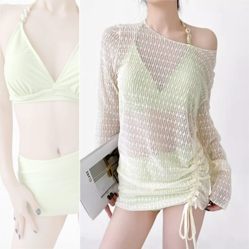 

Swimwear Women's French Style New Vacation Bikinis with Mesh Cover Green High-end Hot Spring Seaside High Waist Swimsuit Set