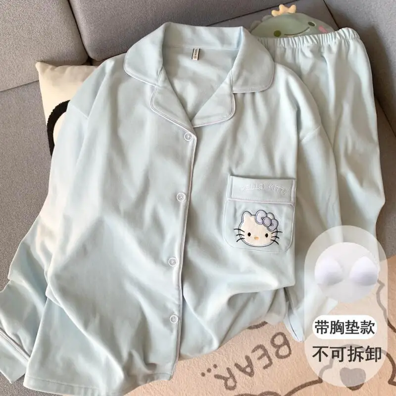 

Hello Kitty Women's Fleece Pajamas Set with Chest Pads Warm Winter Homewear Soft Coral Flannel Sleepwear Loungewear Ladies