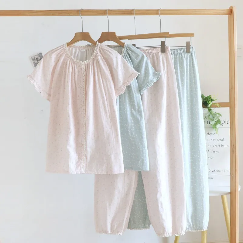Pure Cotton Women's Lace Trimbed Small Floral Print Sleepwear Set Summer Short Sleeve Shorts Crewneck Open Cardigan Home Pajamas