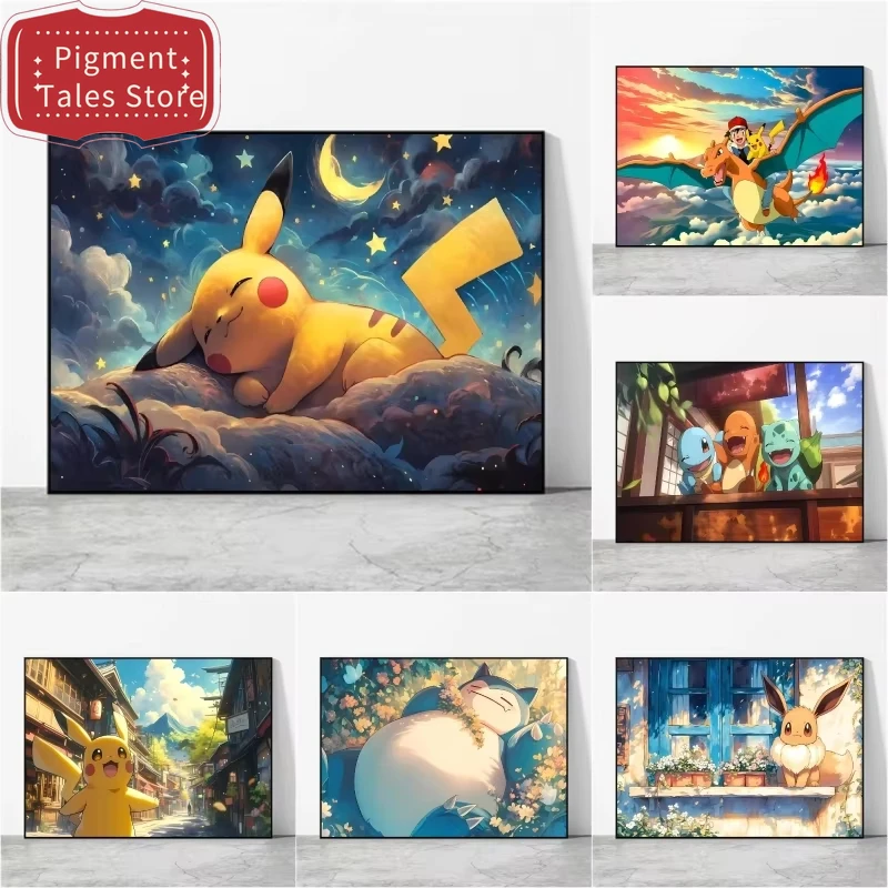 1 pieza de pintura al óleo sin marco de anime japonés, Pokémon Pikachu, dibujo animado, pintado por números, lienzo pintado a mano, arte de pared para niños, sala de estar